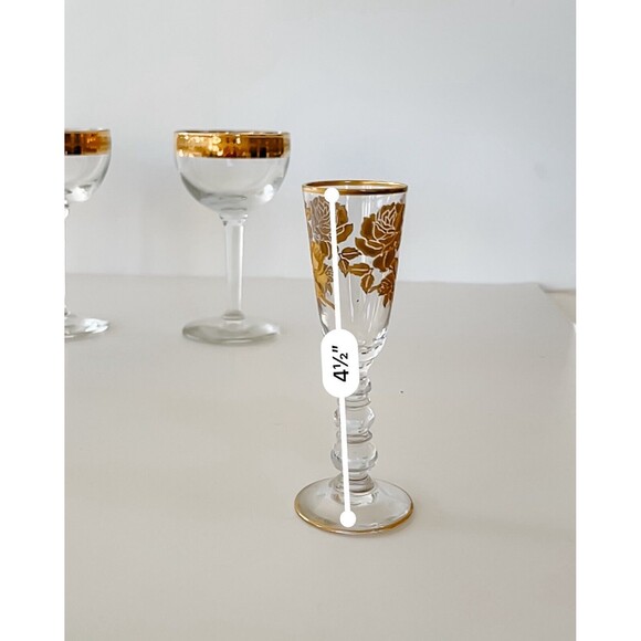 Set of 9 Vintage Etched Gold Rimmed Encrusted Crystal Wine Cordial Glasses - Picture 3 of 11